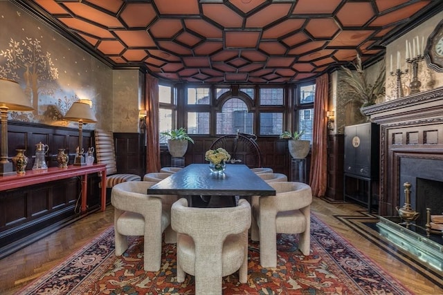 dining room with parquet flooring