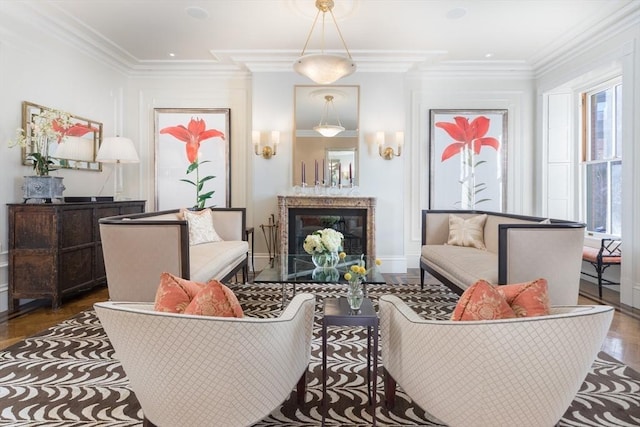 living room featuring crown molding and dark hardwood / wood-style floors