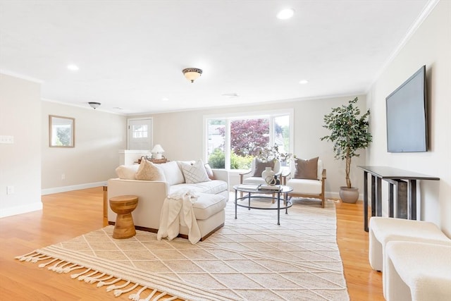 7 Langdon Rd, Natick, MA 01760 - living room featuring ornamental molding, baseboards, light wood-style floors, and recessed lighting