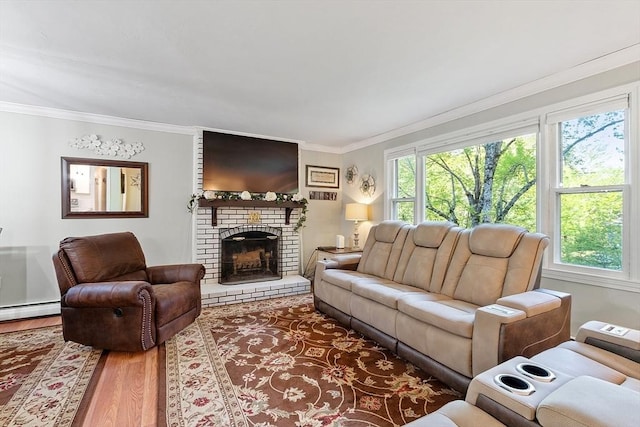 14 Mossman Rd, Westminster, MA 01473 - living area with wood finished floors, ornamental molding, and a brick fireplace