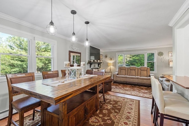 14 Mossman Rd, Westminster, MA 01473 - dining room featuring ornamental molding, a baseboard heating unit, and wood finished floors