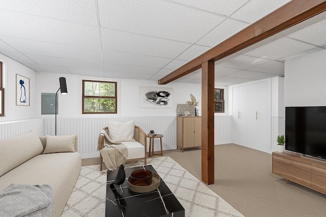 14 Mossman Rd, Westminster, MA 01473 - living room featuring a drop ceiling, wainscoting, and carpet