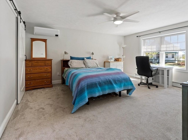 bedroom with a ceiling fan, a wall unit AC, baseboard heating, and carpet