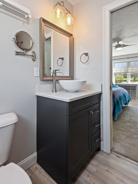 bathroom with vanity, ceiling fan, toilet, and wood finished floors