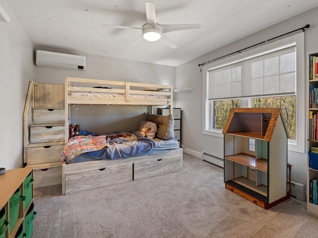 carpeted bedroom with baseboards, a ceiling fan, an AC wall unit, and a baseboard heating unit