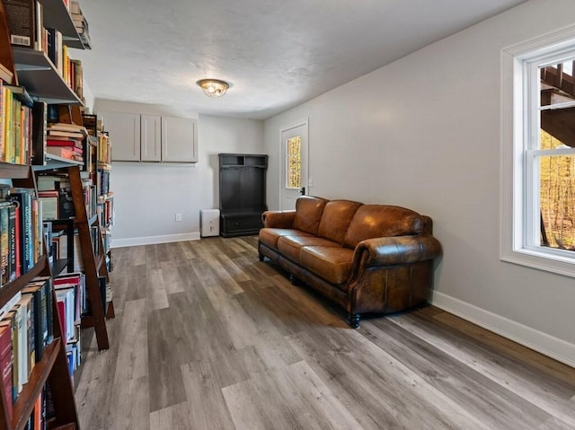 living area with baseboards and wood finished floors