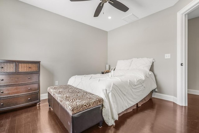 bedroom featuring ceiling fan and dark hardwood / wood-style flooring