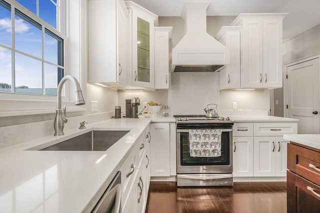 kitchen featuring premium range hood, white cabinets, and appliances with stainless steel finishes