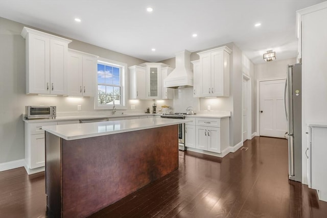 kitchen featuring premium range hood, white cabinets, appliances with stainless steel finishes, and sink