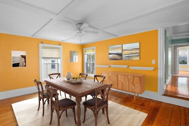 30 Oakland St Unit 2, Newburyport, MA 01950 - dining area with hardwood / wood-style flooring, coffered ceiling, ceiling fan, and beamed ceiling