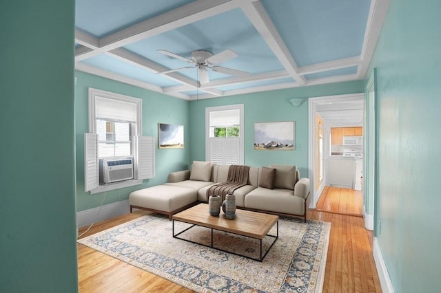 30 Oakland St Unit 2, Newburyport, MA 01950 - living room with coffered ceiling, a ceiling fan, wood-type flooring, beam ceiling, and cooling unit