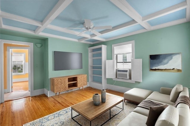 30 Oakland St Unit 2, Newburyport, MA 01950 - living area featuring coffered ceiling, a ceiling fan, plenty of natural light, hardwood / wood-style flooring, and beam ceiling
