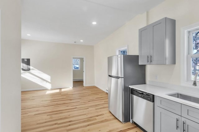 kitchen with light wood-style flooring, gray cabinets, a sink, light countertops, and appliances with stainless steel finishes