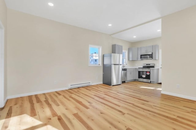 kitchen with light wood-style flooring, gray cabinets, a baseboard heating unit, stainless steel appliances, and baseboards