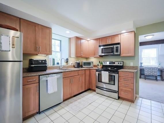 14 Shaw Farm Rd Unit 14, Canton, MA 02021 - kitchen with appliances with stainless steel finishes, plenty of natural light, recessed lighting, light tile patterned floors, and light carpet