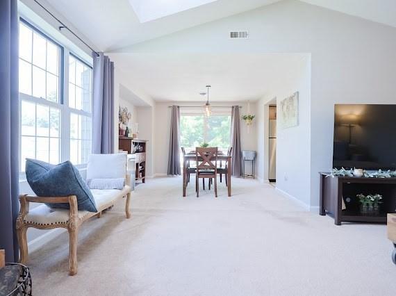14 Shaw Farm Rd Unit 14, Canton, MA 02021 - dining area with vaulted ceiling, carpet flooring, and a skylight