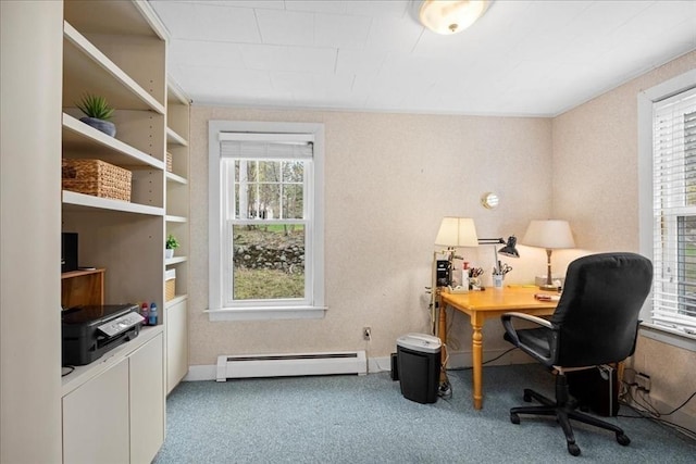 carpeted home office with a baseboard heating unit