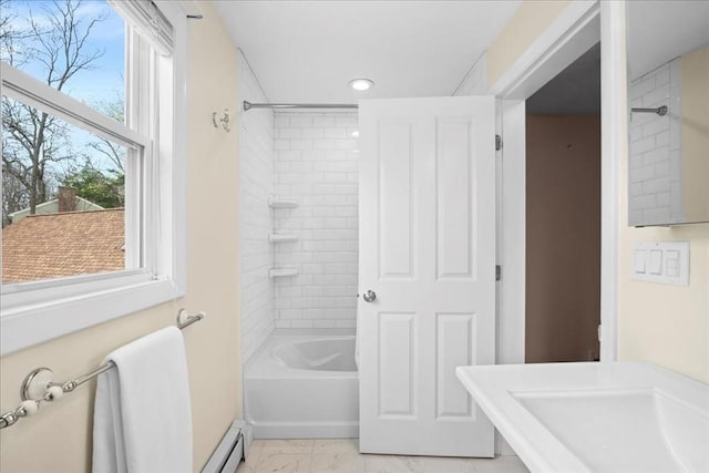 full bathroom featuring recessed lighting, a baseboard radiator, marble finish floor, and shower / bath combination