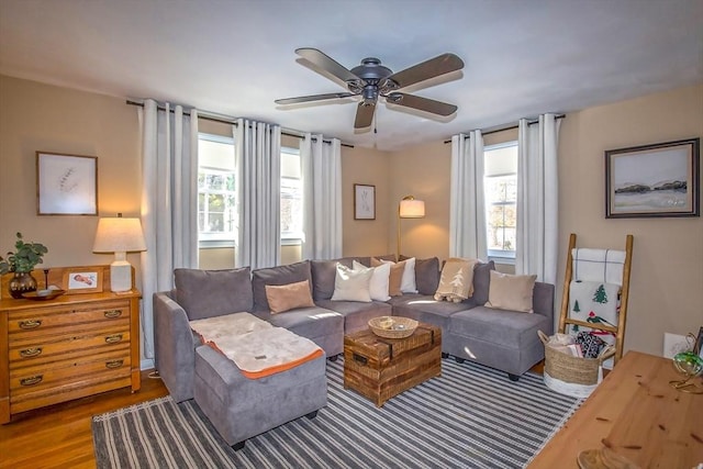 living room featuring hardwood / wood-style floors, a wealth of natural light, and ceiling fan