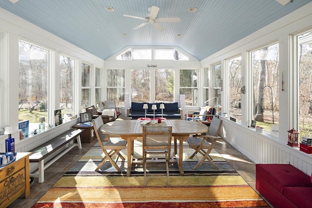 sunroom with ceiling fan, lofted ceiling, a healthy amount of sunlight, and wood ceiling