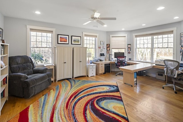 office with light hardwood / wood-style flooring and ceiling fan