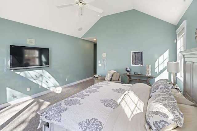 bedroom with carpet floors, high vaulted ceiling, and ceiling fan