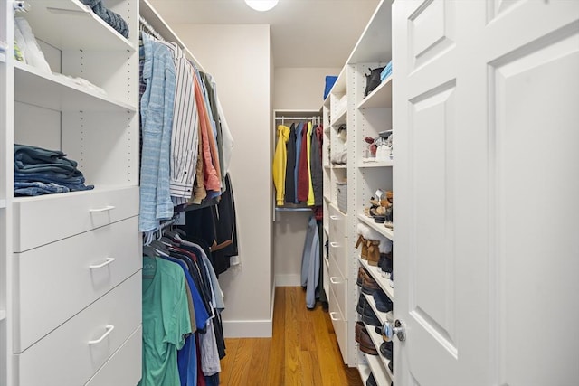 walk in closet with light hardwood / wood-style flooring