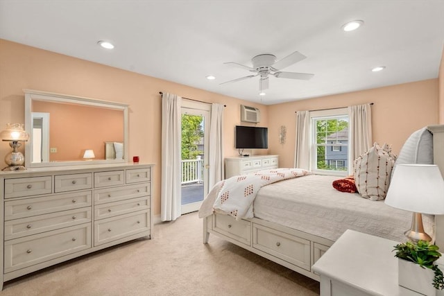 43 Chilton St, Belmont, MA 02478 - bedroom with access to exterior, an AC wall unit, light colored carpet, recessed lighting, and ceiling fan