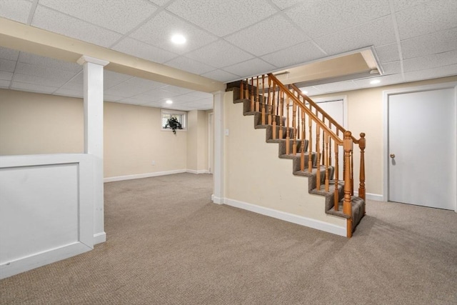 43 Chilton St, Belmont, MA 02478 - finished basement with a paneled ceiling, carpet flooring, stairway, recessed lighting, and baseboards
