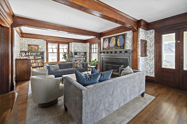 9 Prospect St, Winchester, MA 01890 - living room with dark wood-style flooring, a brick fireplace, crown molding, beam ceiling, and wallpapered walls