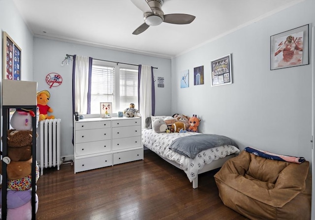 9 Prospect St, Winchester, MA 01890 - bedroom featuring radiator heating unit, dark wood-style flooring, crown molding, and a ceiling fan