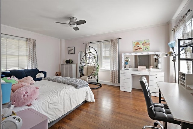 9 Prospect St, Winchester, MA 01890 - bedroom featuring crown molding, wood finished floors, a desk, a ceiling fan, and baseboards