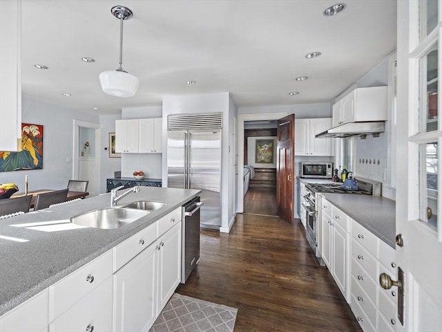 9 Prospect St, Winchester, MA 01890 - kitchen featuring high quality appliances, under cabinet range hood, dark wood finished floors, a sink, and recessed lighting