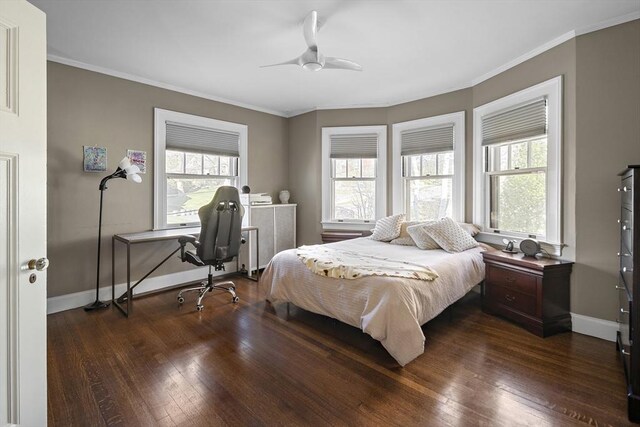 9 Prospect St, Winchester, MA 01890 - bedroom featuring dark wood-style flooring, baseboards, a desk, crown molding, and ceiling fan