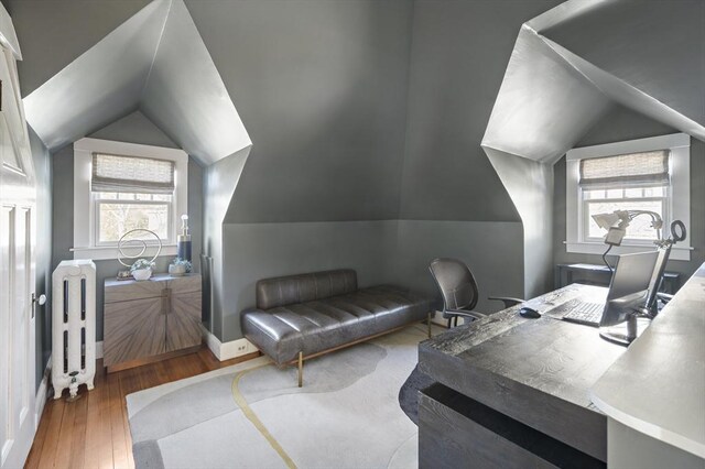 9 Prospect St, Winchester, MA 01890 - office area featuring radiator, lofted ceiling, and wood-type flooring