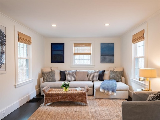 living room featuring plenty of natural light, wood finished floors, baseboards, and ornamental molding