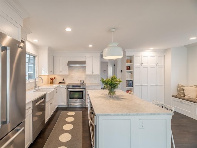 kitchen with a center island, stainless steel appliances, exhaust hood, white cabinetry, and a sink