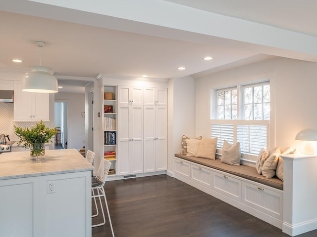 interior space featuring dark wood finished floors, recessed lighting, backsplash, and light stone counters