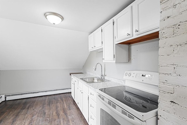 34 Worcester Rd, Charlton, MA 01507 - kitchen featuring electric stove, a sink, dark wood-style floors, white cabinets, and lofted ceiling