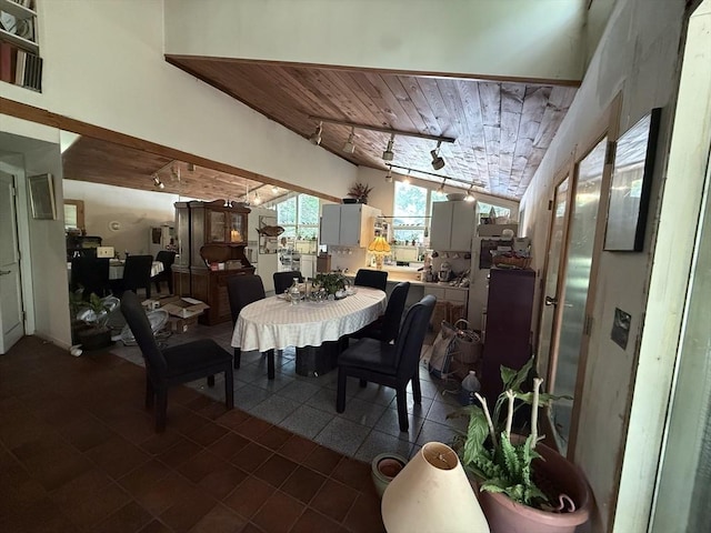 23 Partridge Hill Rd, Dudley, MA 01571 - dining space featuring wooden ceiling, track lighting, and dark tile patterned floors