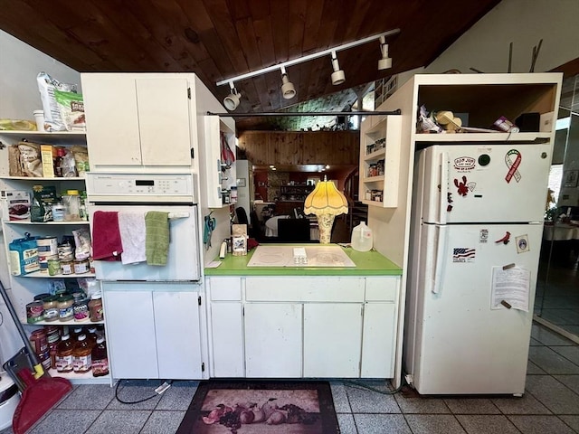 23 Partridge Hill Rd, Dudley, MA 01571 - kitchen with white appliances, track lighting, wood ceiling, open shelves, and white cabinetry