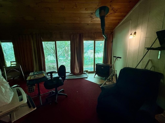 23 Partridge Hill Rd, Dudley, MA 01571 - office space featuring a wood stove, healthy amount of natural light, wooden walls, and wooden ceiling