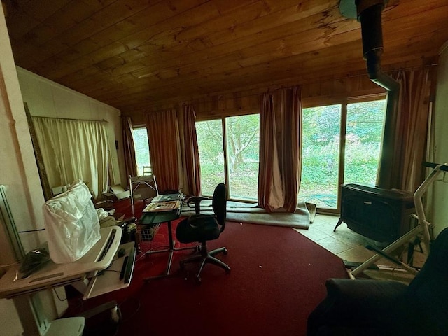 23 Partridge Hill Rd, Dudley, MA 01571 - office space featuring a wood stove, lofted ceiling, wood ceiling, and wooden walls