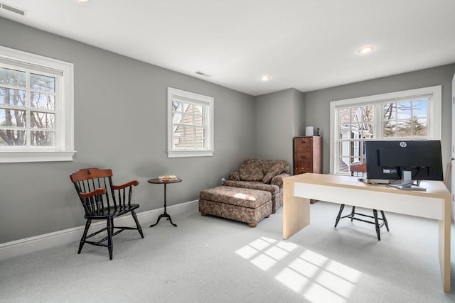 office with recessed lighting, baseboards, visible vents, and carpet floors