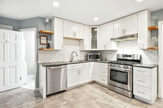 52 Harvard St, Chicopee, MA 01020 - kitchen with open shelves, appliances with stainless steel finishes, under cabinet range hood, a sink, and dark countertops