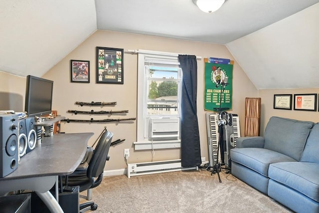 52 Harvard St, Chicopee, MA 01020 - office with lofted ceiling, a baseboard heating unit, carpet, and baseboards