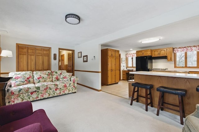 living area with light colored carpet and baseboards