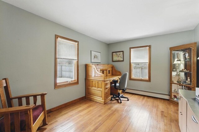 office area featuring baseboards, baseboard heating, and light wood finished floors