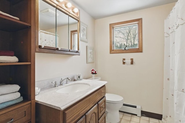 full bathroom with a baseboard radiator, baseboards, toilet, and vanity