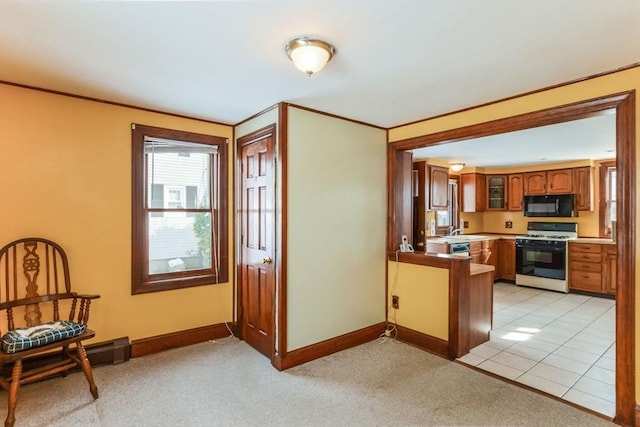 kitchen with crown molding, light carpet, sink, kitchen peninsula, and white range with gas stovetop